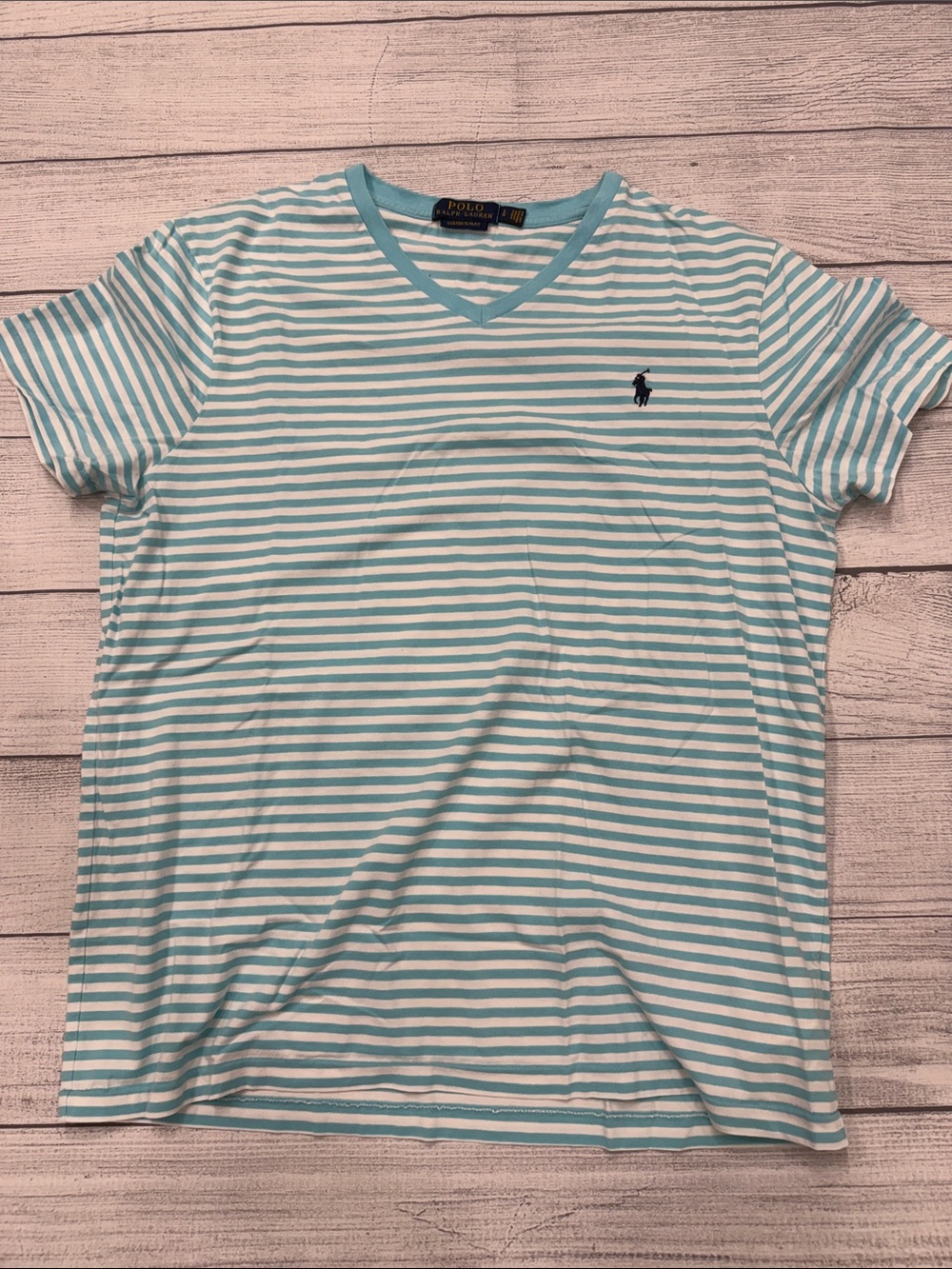 Ralph Lauren Polo Aqua White Striped V-Neck Tee Women’s LG Slim Fit